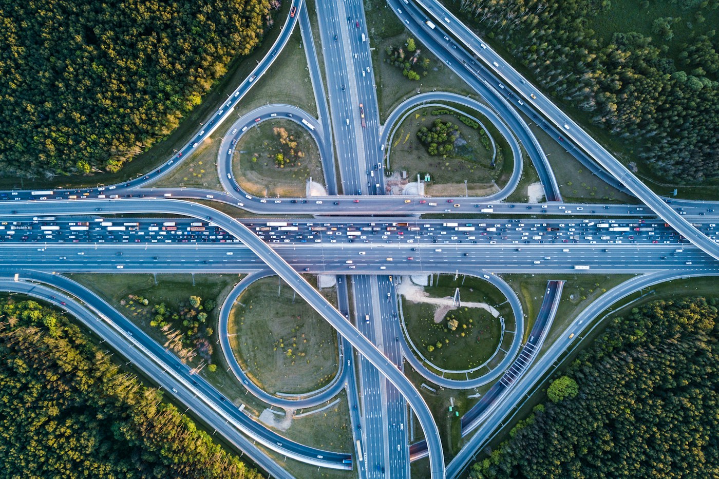 Aerial photograph of an interconnected road junction, with routes leading in several directions