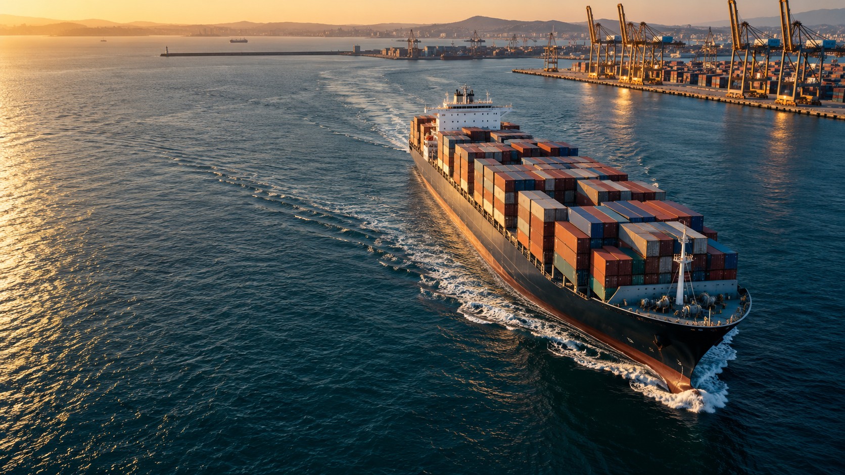 Container ship and port illustrating international trade